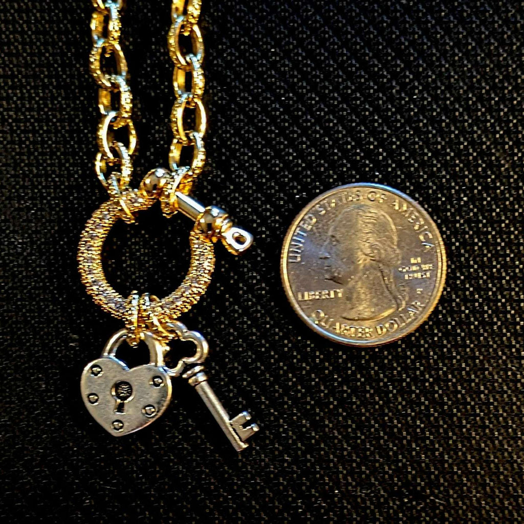 Heart Lock and Key Carabiner Necklace, Gold - 20 inch