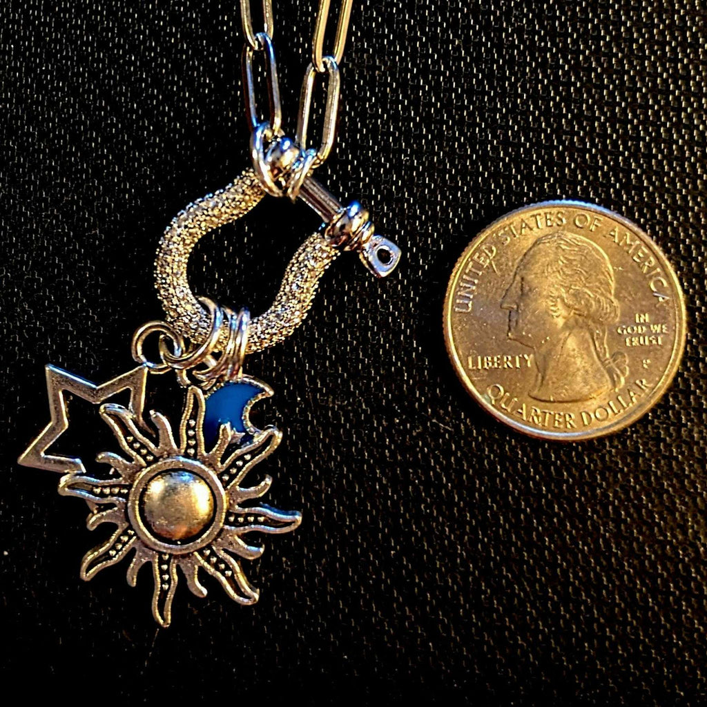 Fiery Sun, Blue Moon and Star Carabiner Necklace, Silver - 20 inch