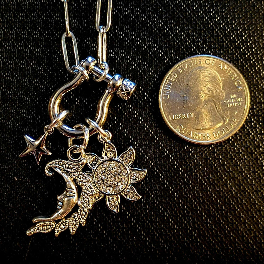 Celestial Moon Face, CZ Sun and Star Carabiner Necklace, Silver - 20 inch