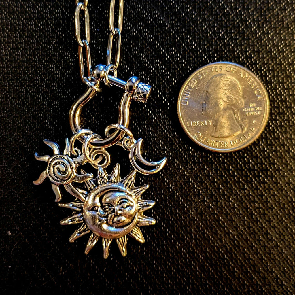 Sun/Moon, Crescent Moon and Swirly Sun Carabiner Necklace, Silver - 20 inch