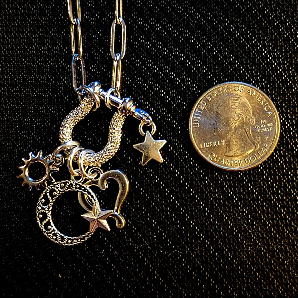 Celestial Crescent Moon and Heart Carabiner Necklace, Silver - 20 inch