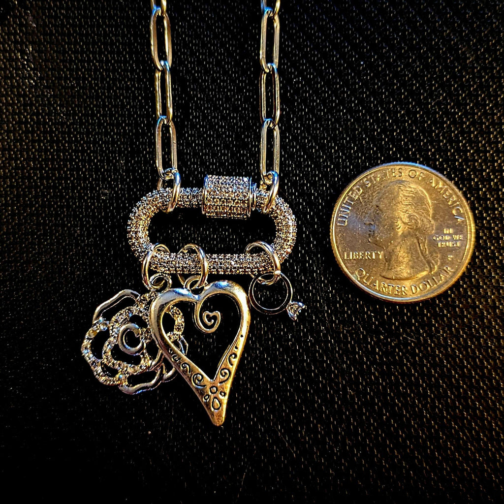 Romantic Rose, Heart, Diamond Ring Carabiner Necklace, Silver - 20 inch