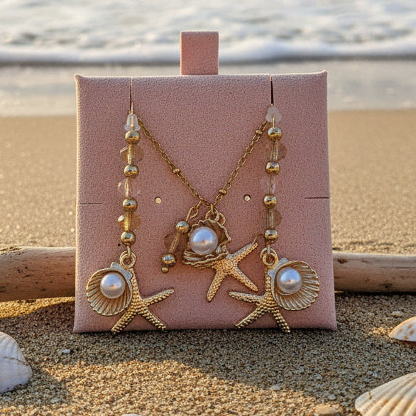 Pearl Clam Shell Starfish Crystal charm necklace and Earring set, Gold ...