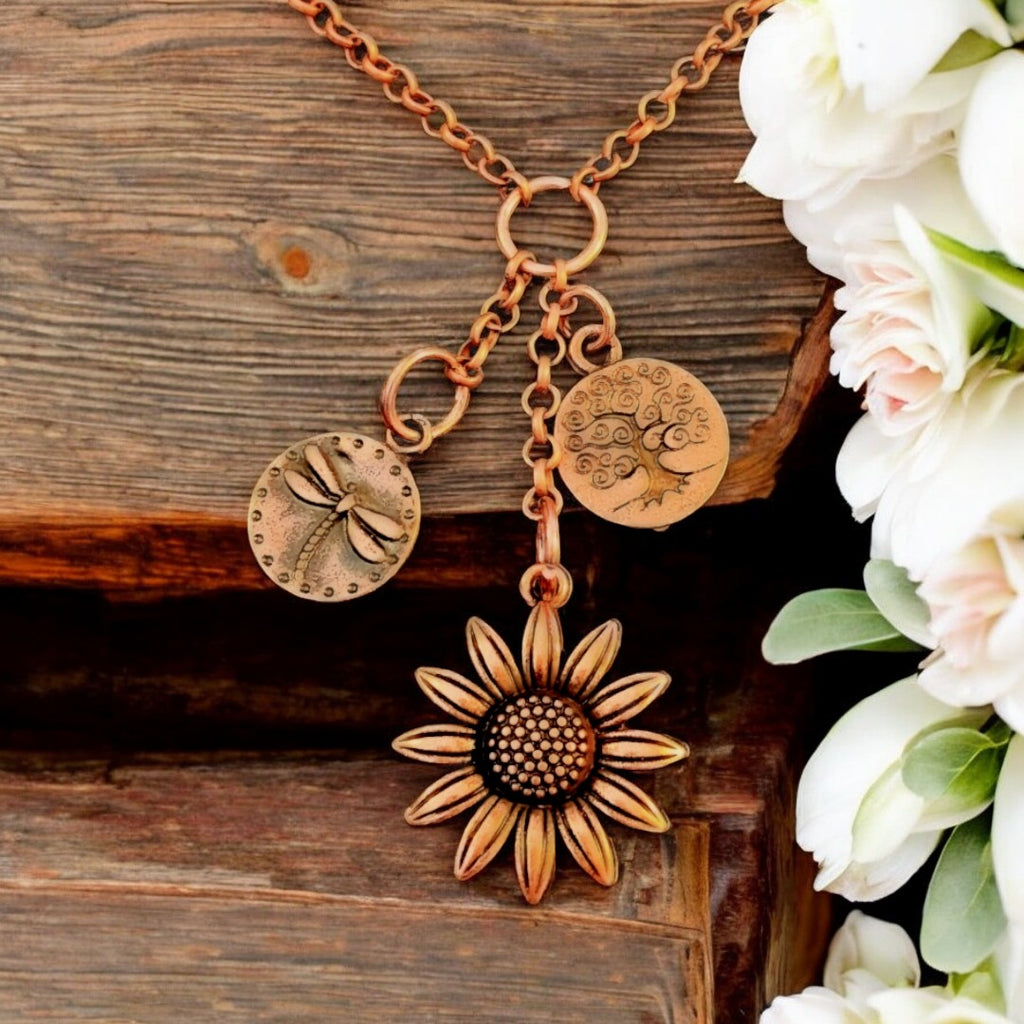 Sunflower Copper Charm Keeper Necklace, 18-24 inch