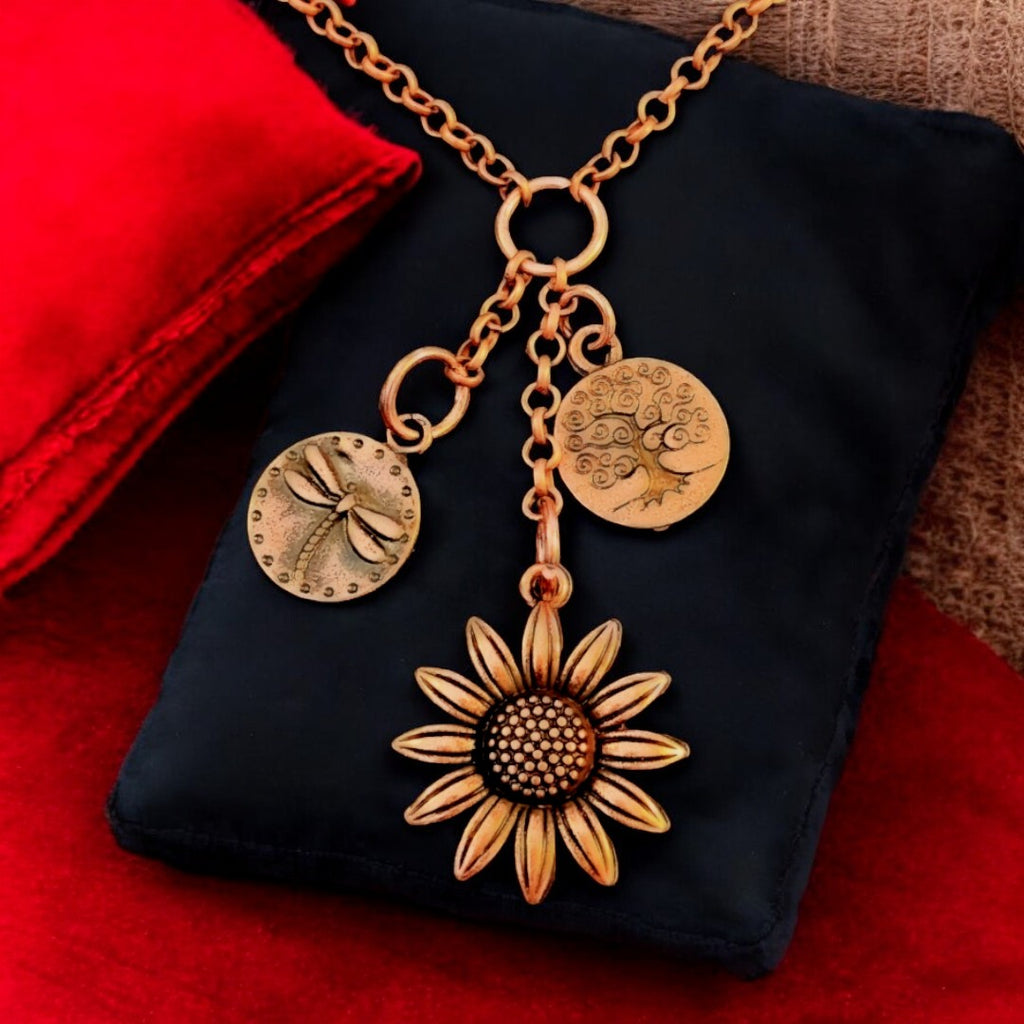 Sunflower Copper Charm Keeper Necklace, 18-24 inch