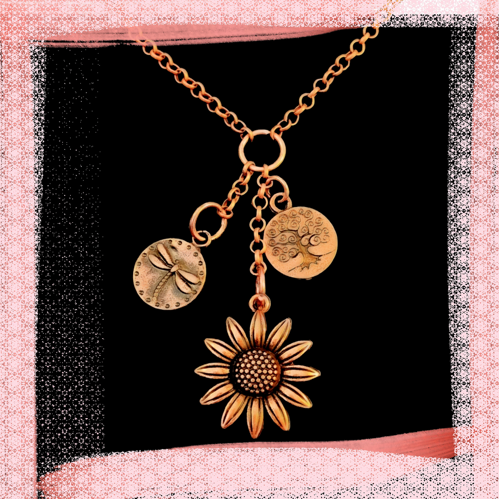 Sunflower Copper Charm Keeper Necklace, 18-24 inch