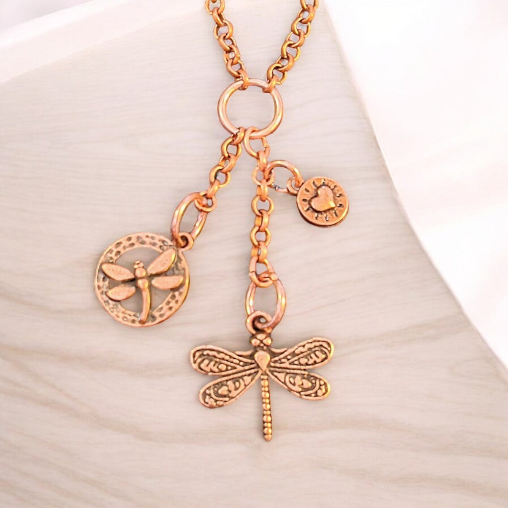 Dragonfly Copper Charm Keeper Necklace, 18-24 inch