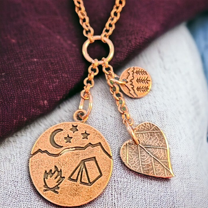 Camping Copper Charm Keeper Necklace, 18-24 inch