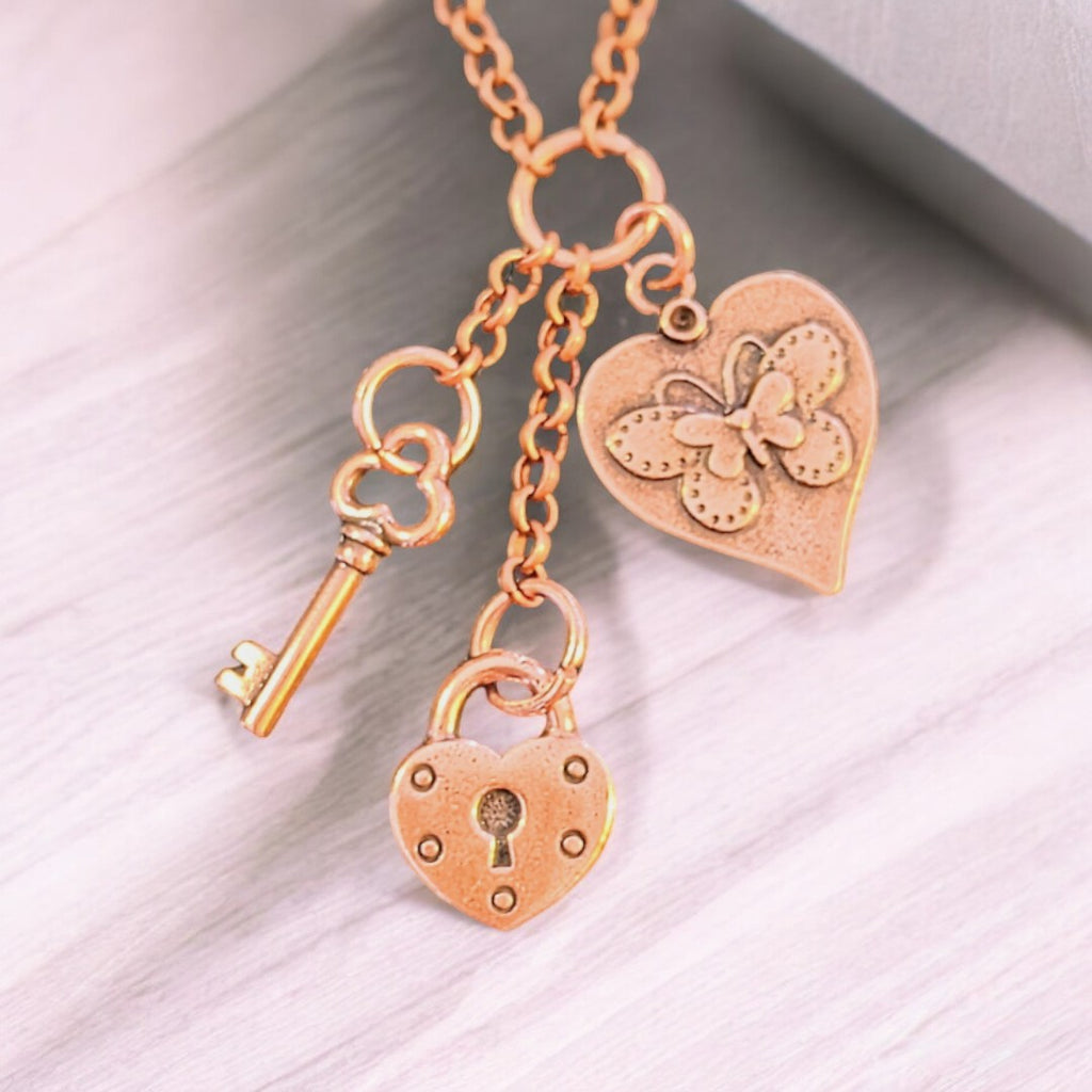 Heart Lock & Key Copper Charm Keeper Necklace, 18-24 inch