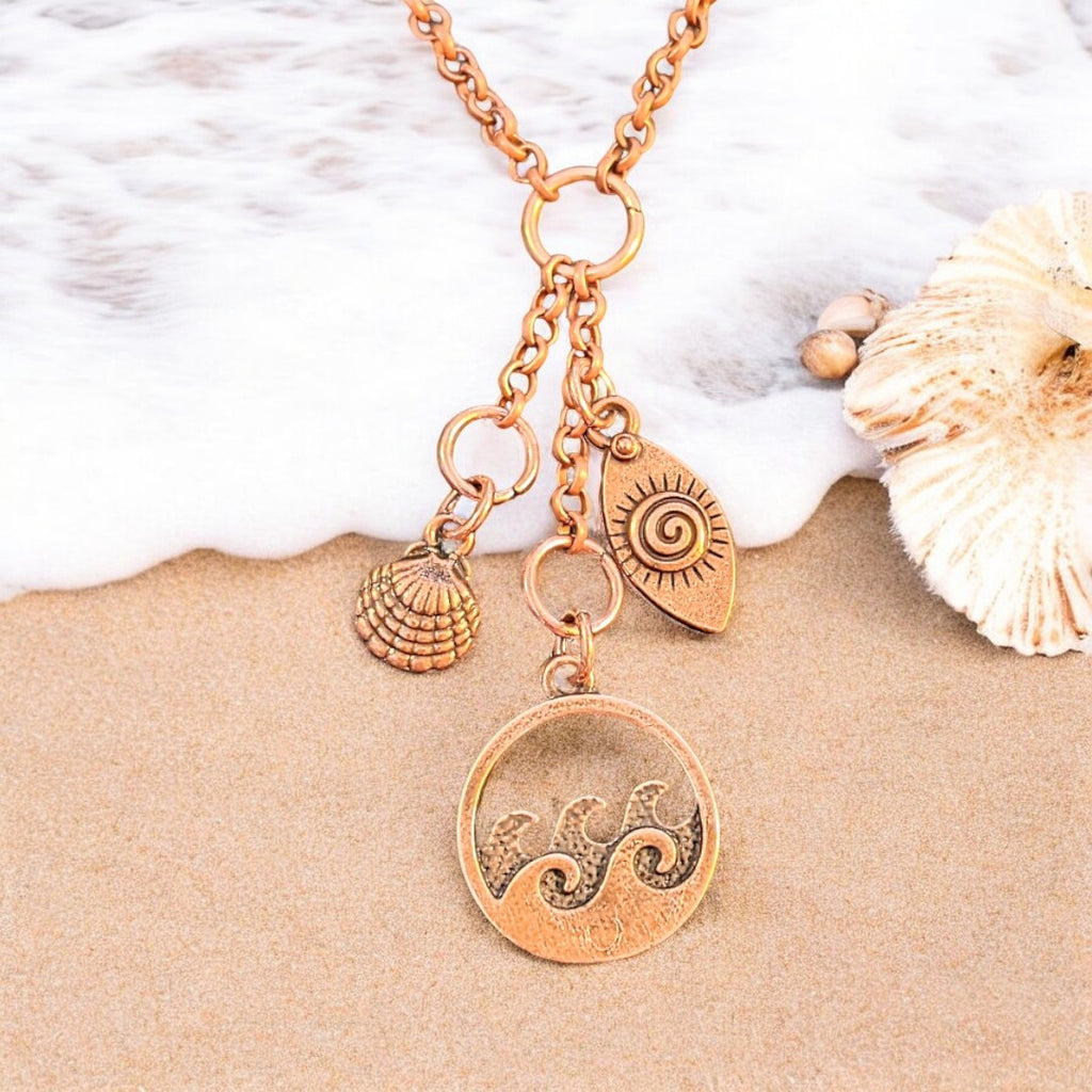 Ocean Wave Copper Charm Keeper Necklace, 18-24 inch