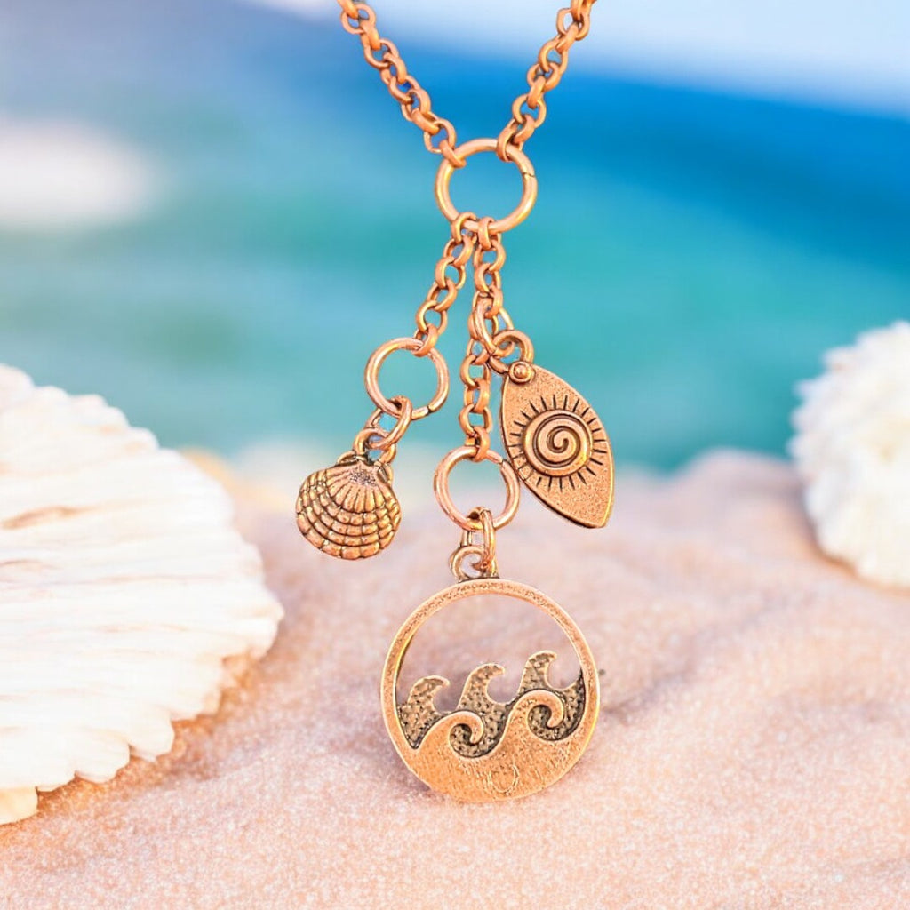 Ocean Wave Copper Charm Keeper Necklace, 18-24 inch