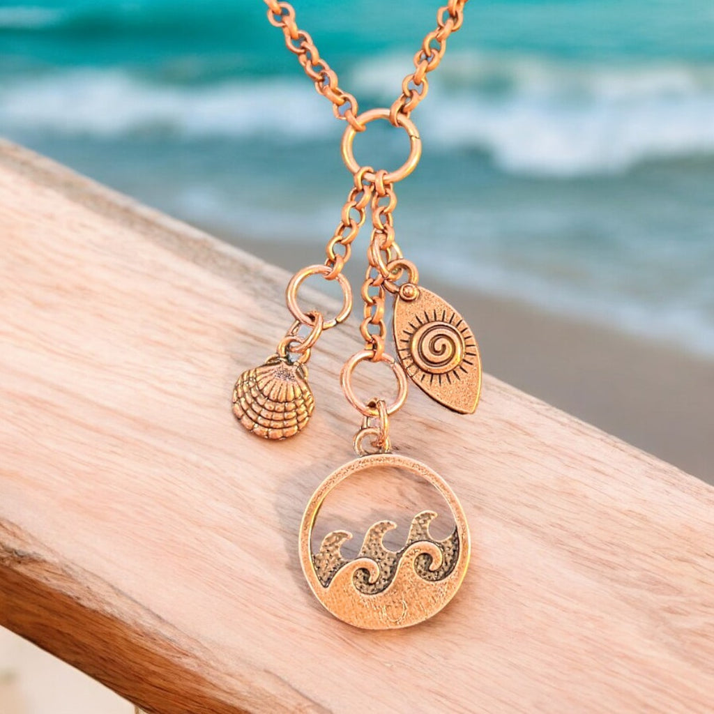 Ocean Wave Copper Charm Keeper Necklace, 18-24 inch