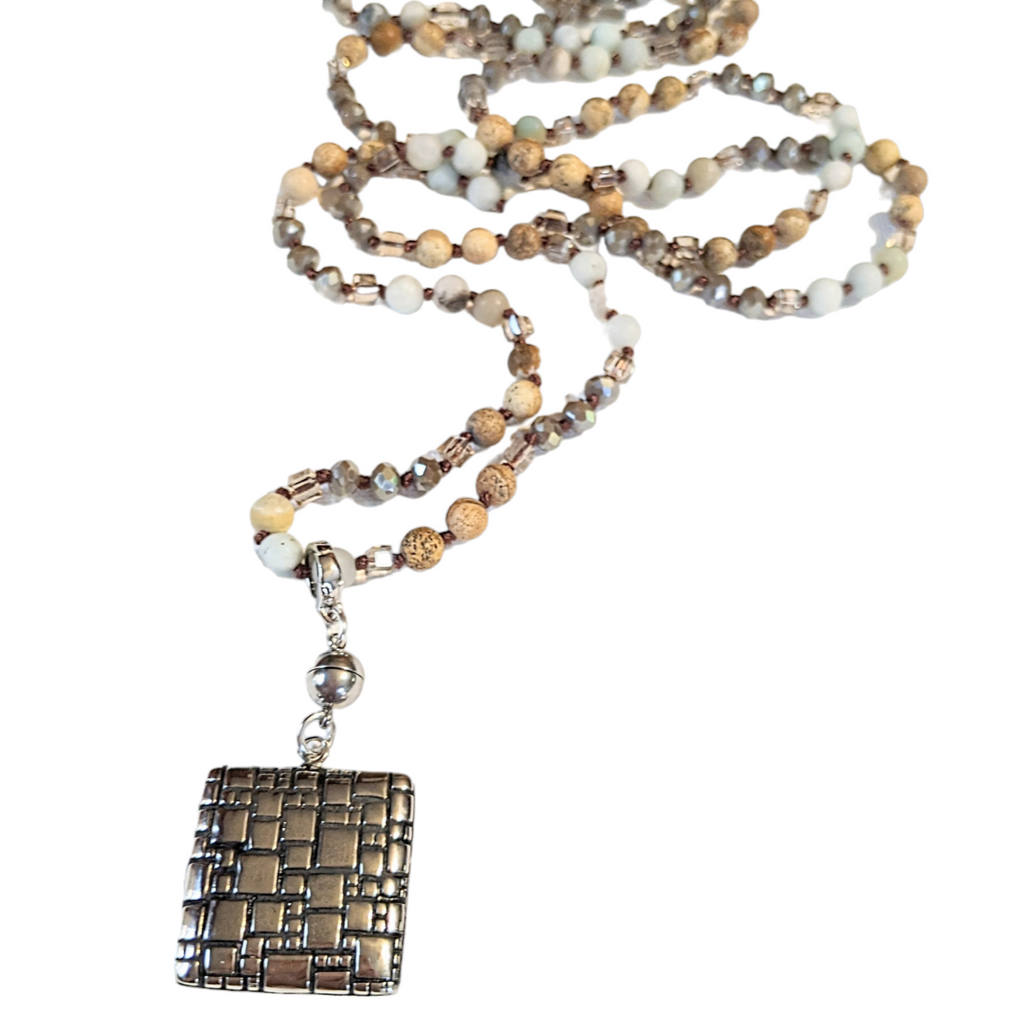 Picture Jasper/Amazonite Semi-Precious Gemstone Necklace with Pendants - 60 inch