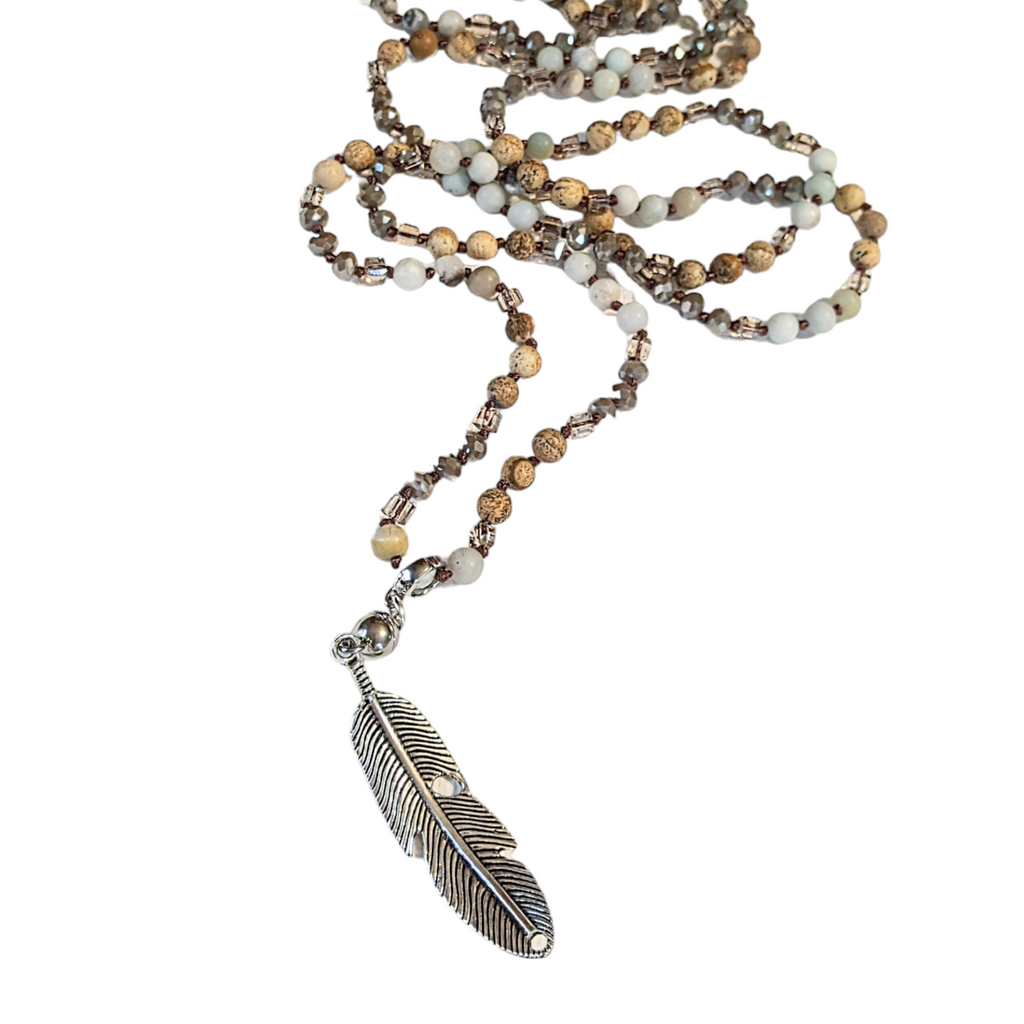 Picture Jasper/Amazonite Semi-Precious Gemstone Necklace with Pendants - 60 inch
