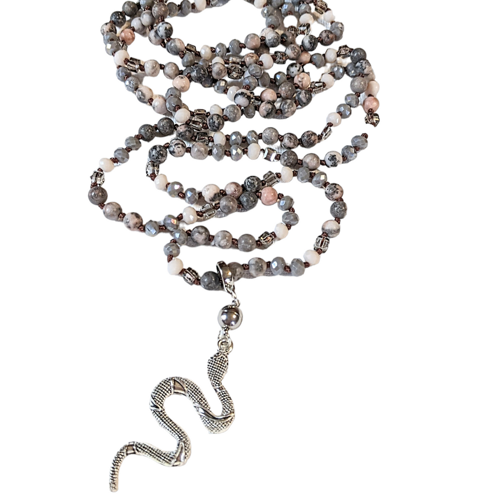 Pink Zebra Jasper Semi-Precious Gemstone Necklace with Pendants- 60 inch