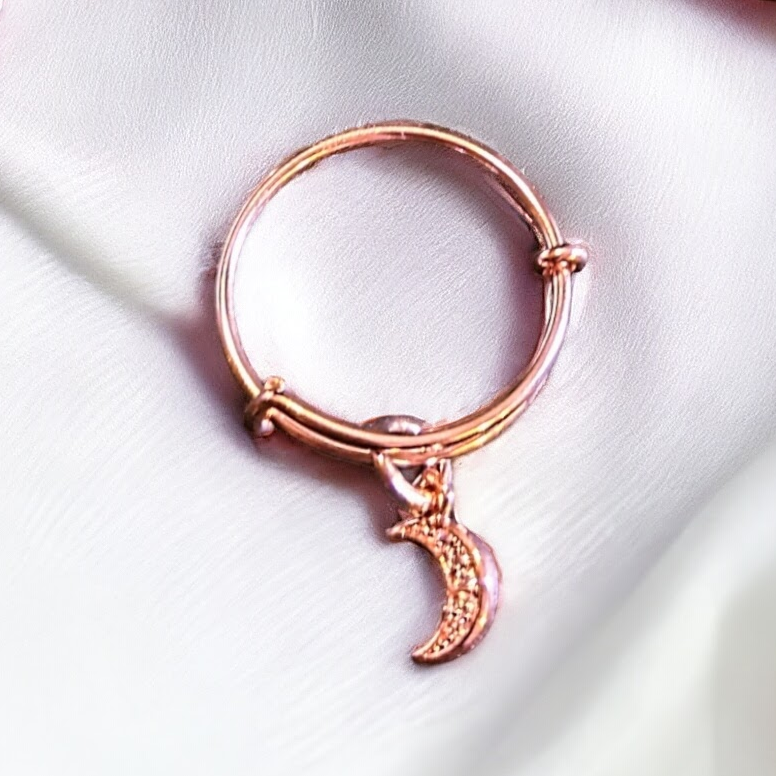 Rose Gold Expandable Charm Ring - size 5-7 CZ Crescent Moon