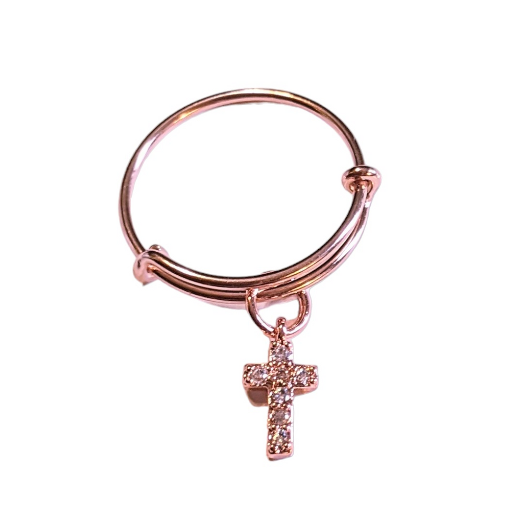 Rose Gold Expandable Charm Ring - size 5-7 CZ Cross