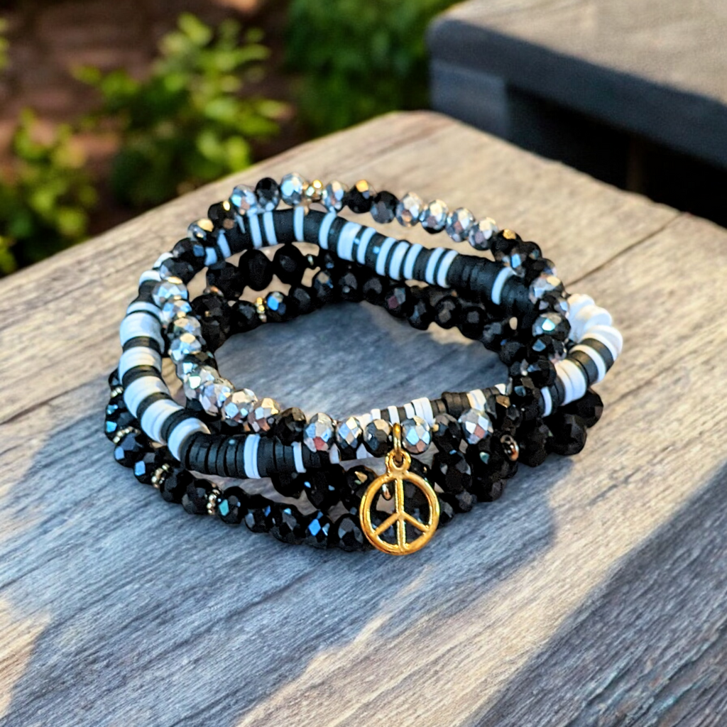 Black Crystal Peace Sign Stretch Bracelet Stack