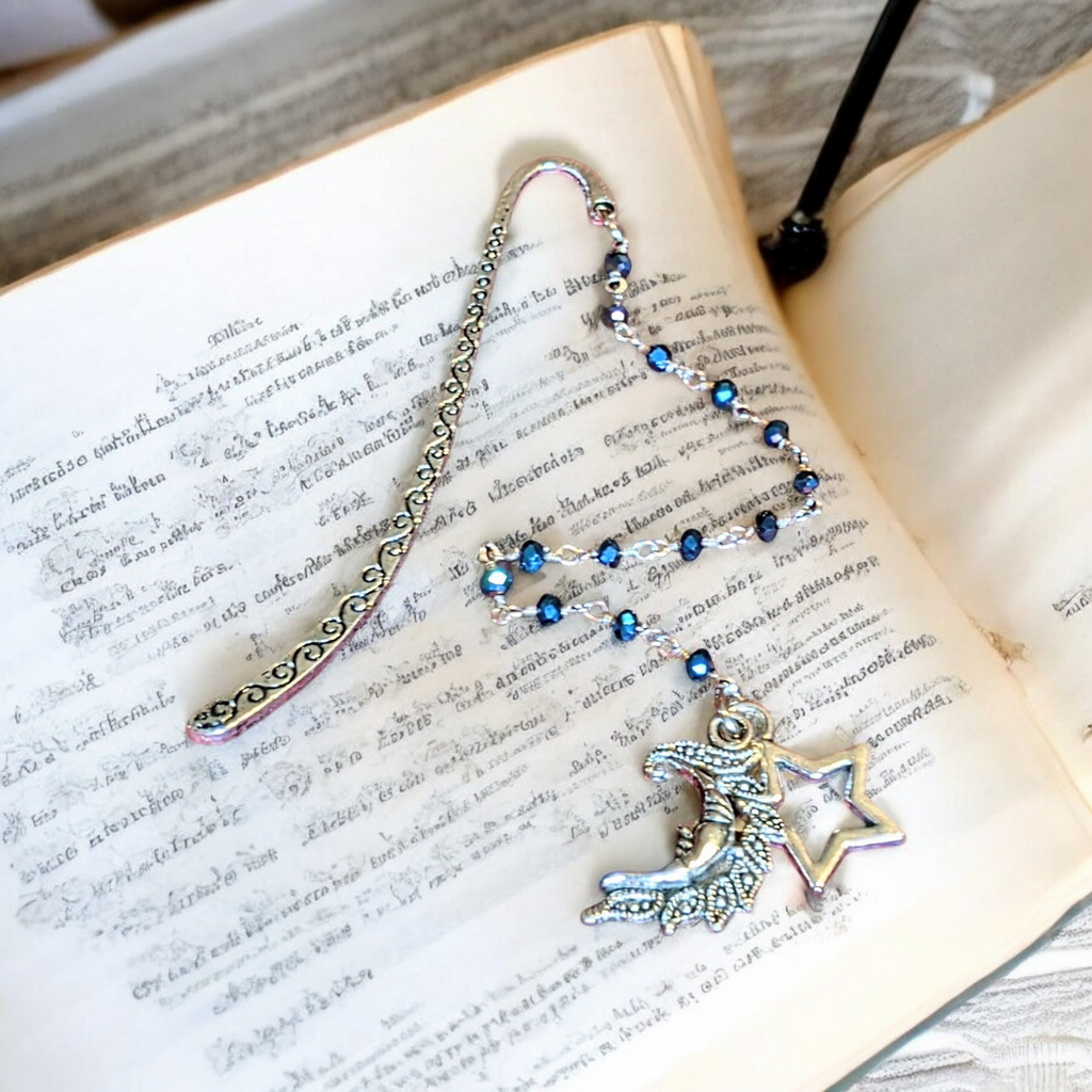 Crescent Moon Face and Star Beaded Bookmark