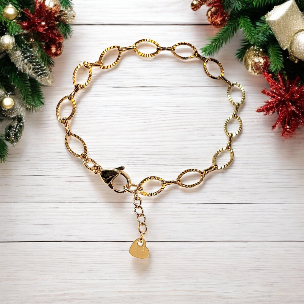 Shiny Gold Textured Oval Link Charm Bracelet Base II - D.I.Y. - BUILD YOUR CHARM BRACELET!