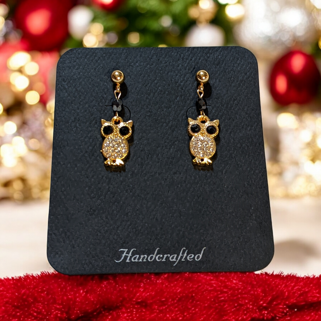 CZ Owl Charm Drop Stud Earrings-Gold