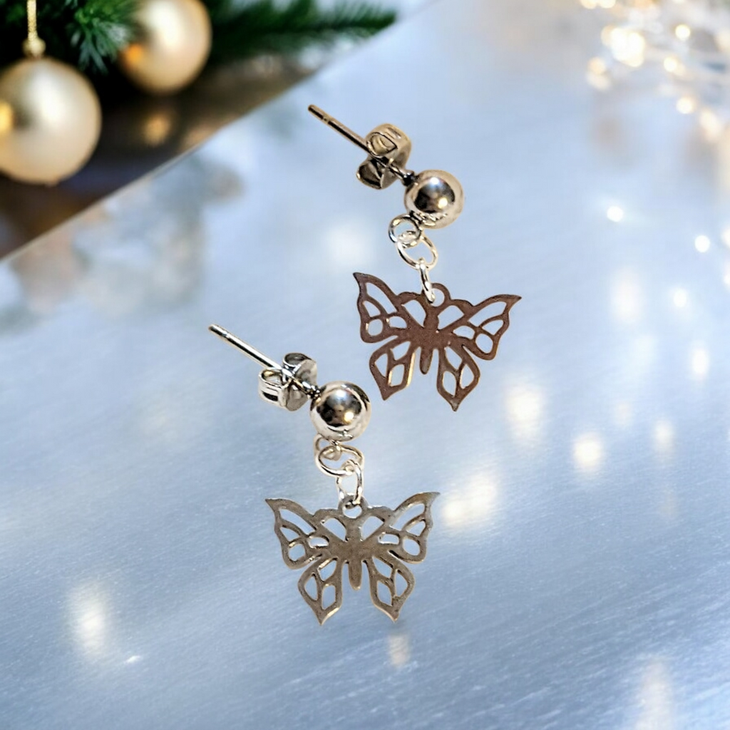 Butterfly Charm Drop Stud Earrings-Silver