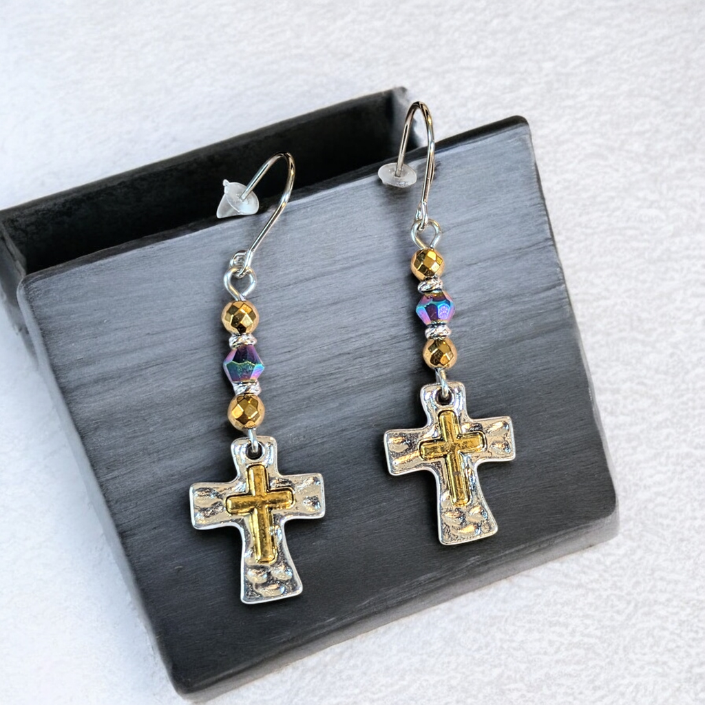 Two-Tone Cross Beaded Earrings