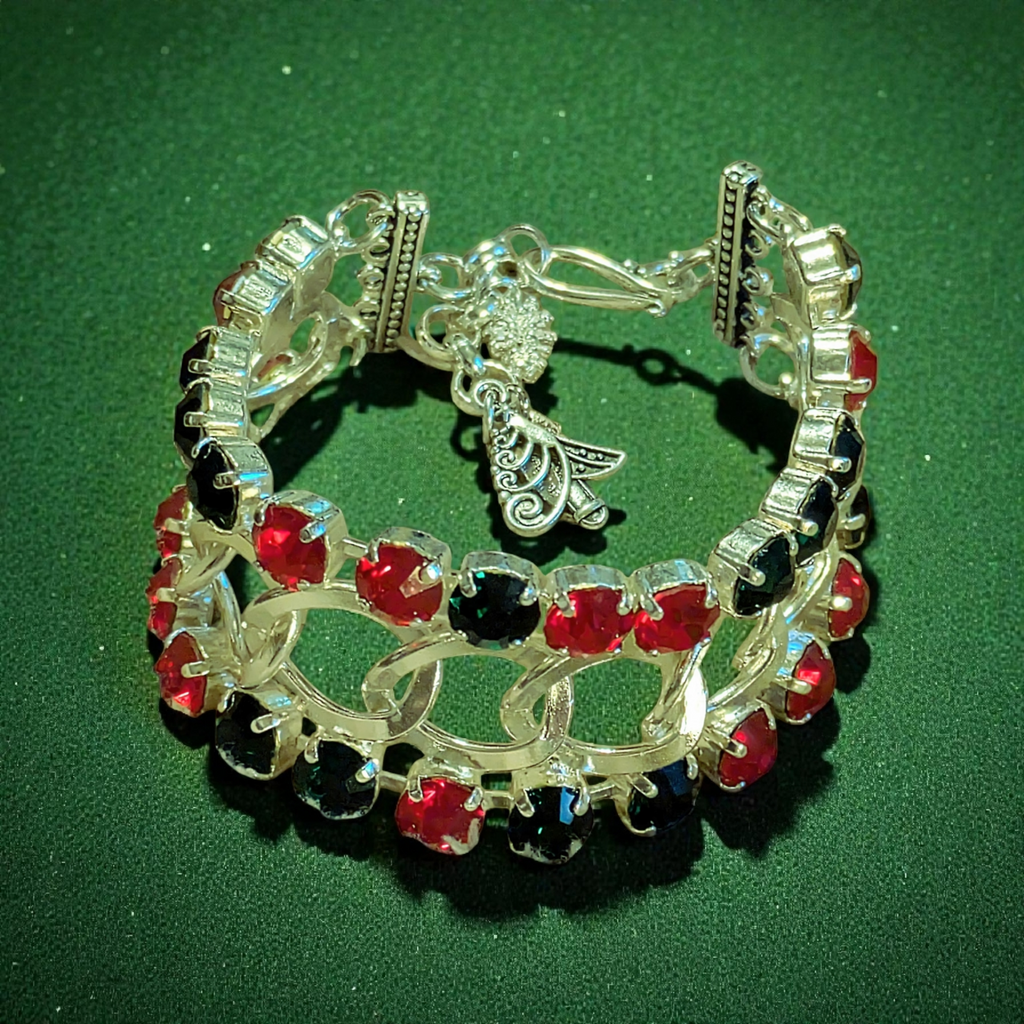 Red and Deep Green Multi Faceted Crystal Bracelet-Large 8 inch