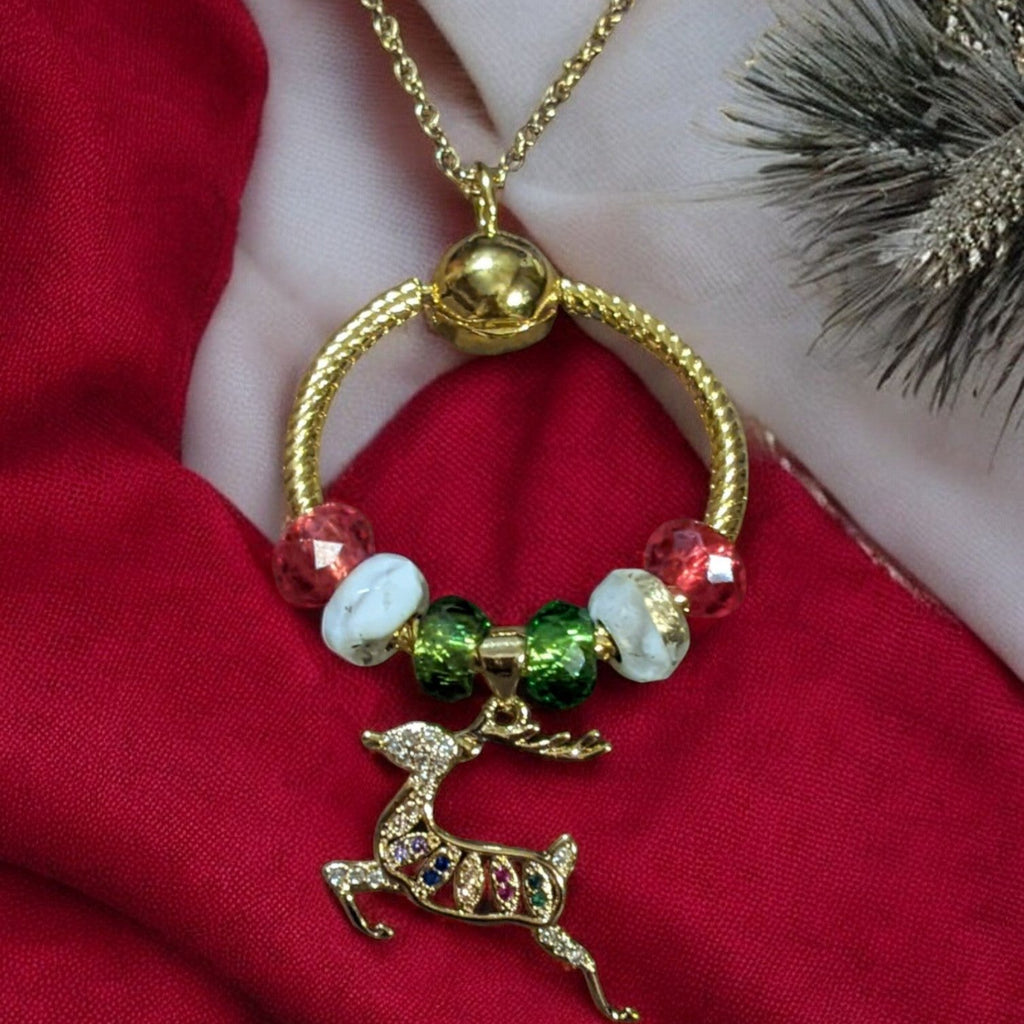 Gold Reindeer Charm Keeper Necklace, Approx. 26 inches