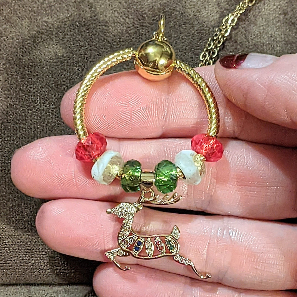 Gold Reindeer Charm Keeper Necklace, Approx. 26 inches