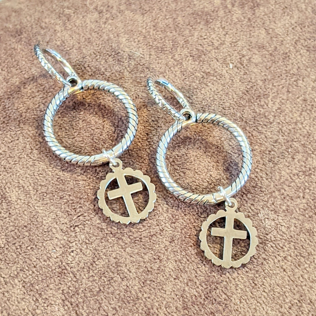 Sterling Double Hoop Cross earrings, 3 in 1 Hoops