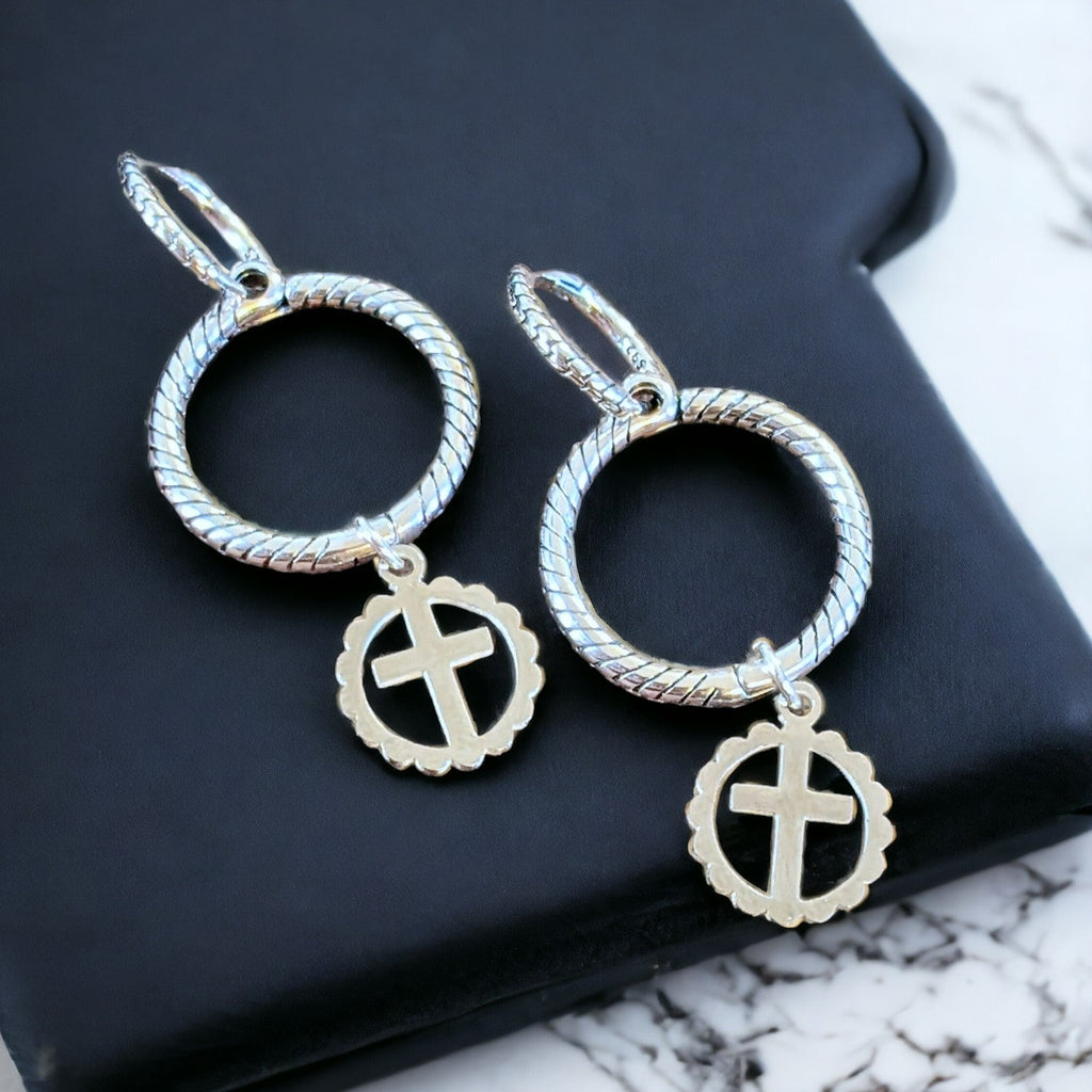 Sterling Double Hoop Cross earrings, 3 in 1 Hoops