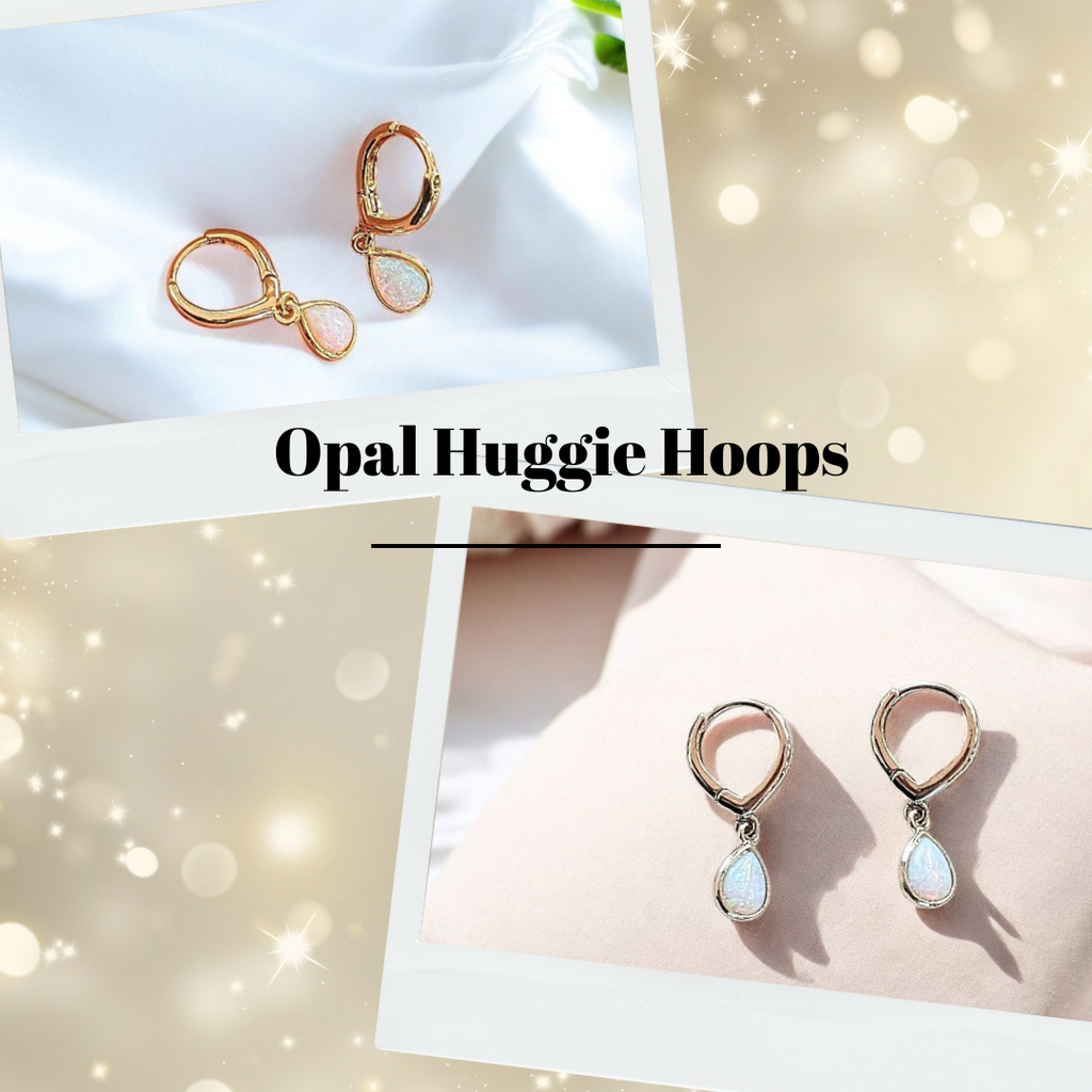 Opal Huggie Hoop earrings, 15mm Hoop Drop, Silver/Gold