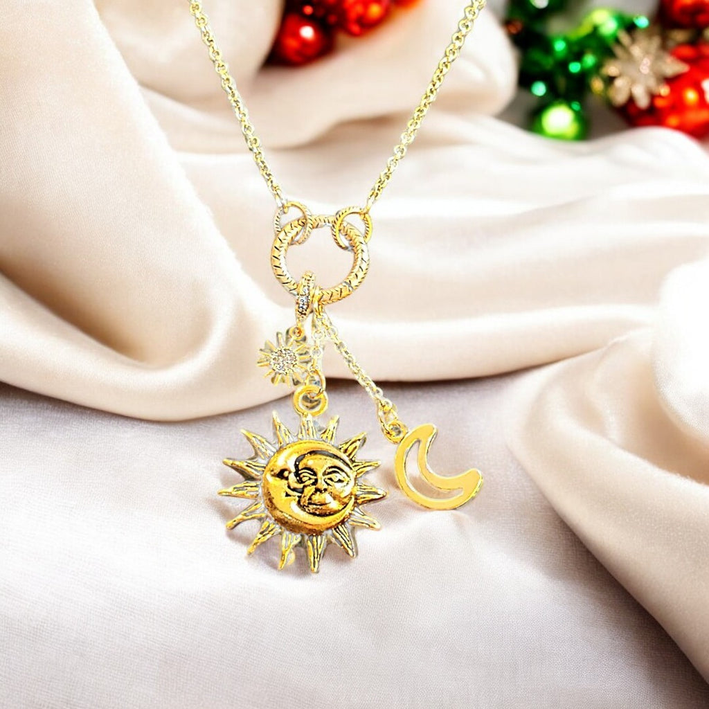 Gold Celestial Sun Moon Charm Keeper Necklace, 18 - 24 inches