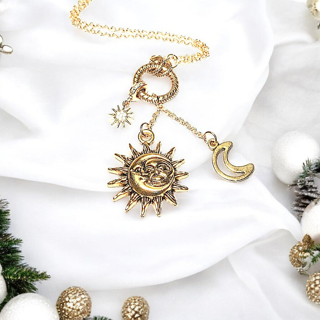 Gold Celestial Sun Moon Charm Keeper Necklace, 18 - 24 inches