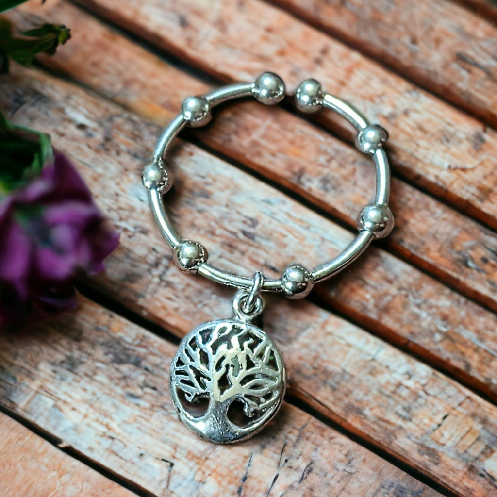 Sterling Silver Tree of Life Adjustable Charm Ring