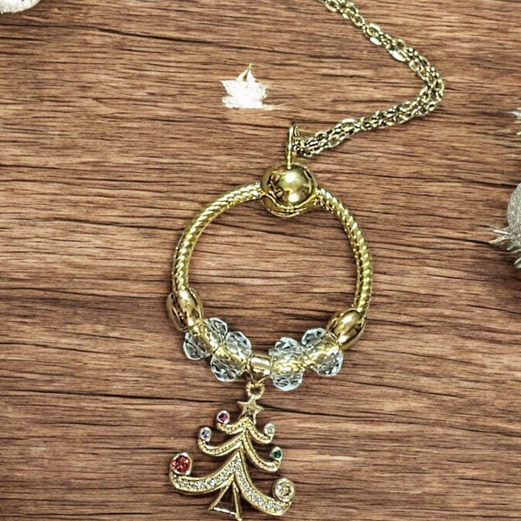 Gold Christmas Tree Charm Keeper Necklace, Approx. 26 inches