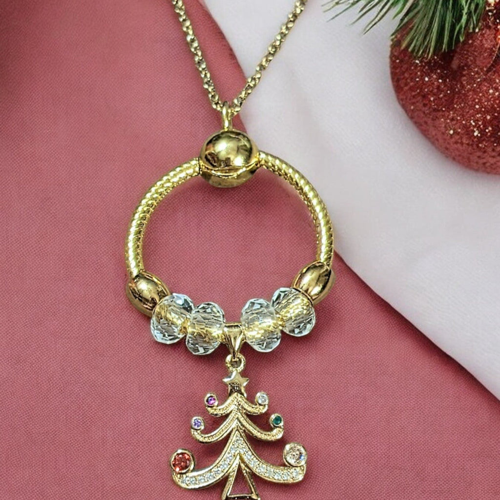 Gold Christmas Tree Charm Keeper Necklace, Approx. 26 inches