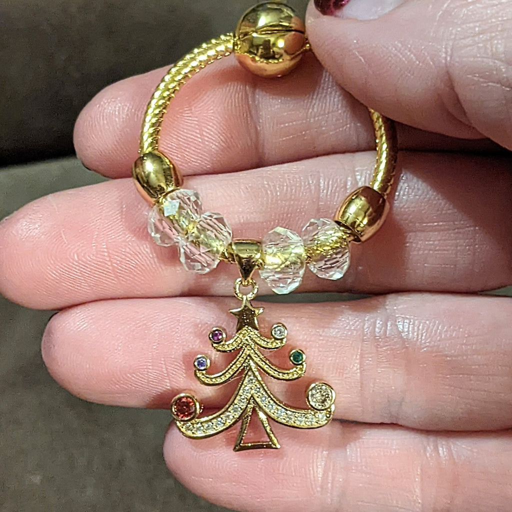 Gold Christmas Tree Charm Keeper Necklace, Approx. 26 inches