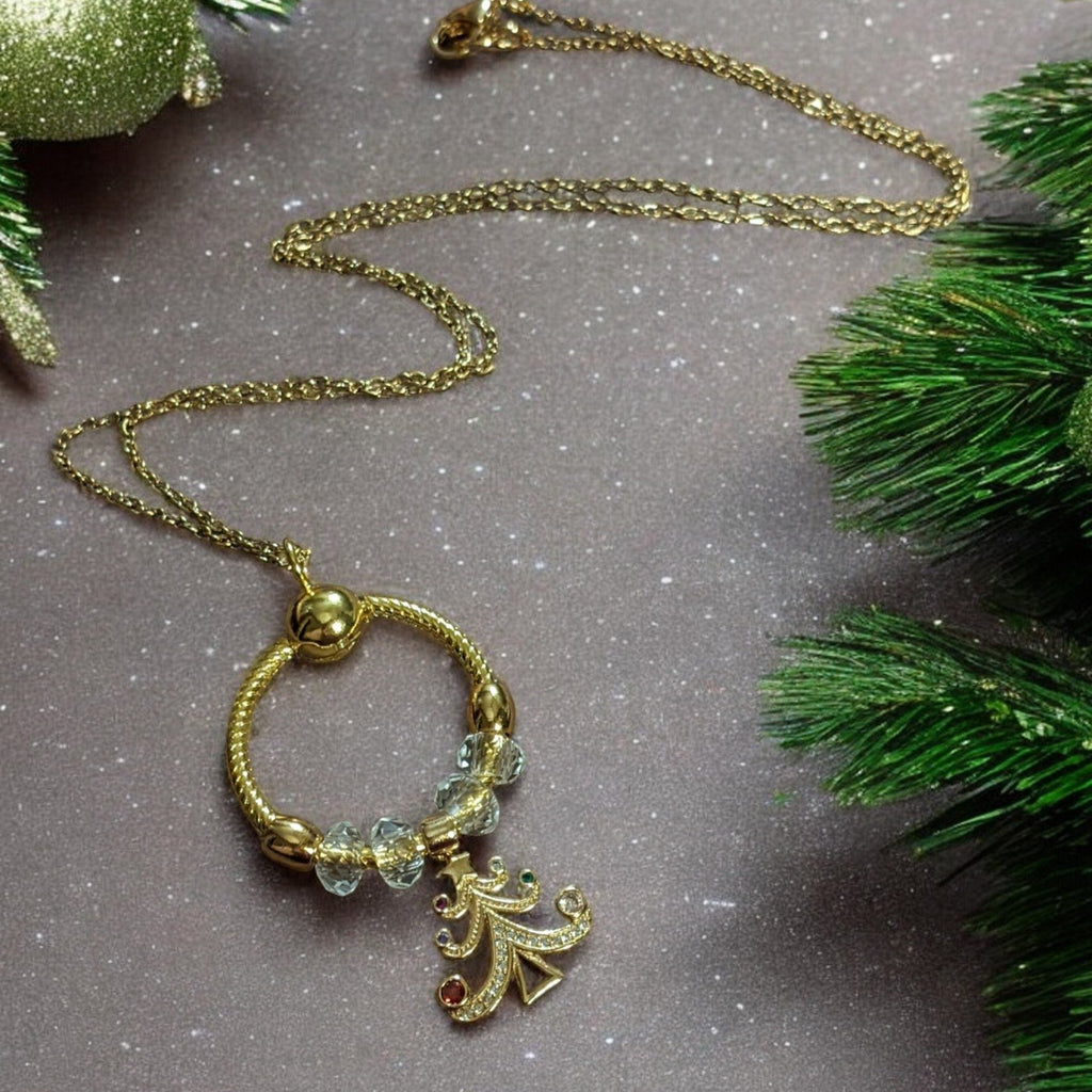 Gold Christmas Tree Charm Keeper Necklace, Approx. 26 inches