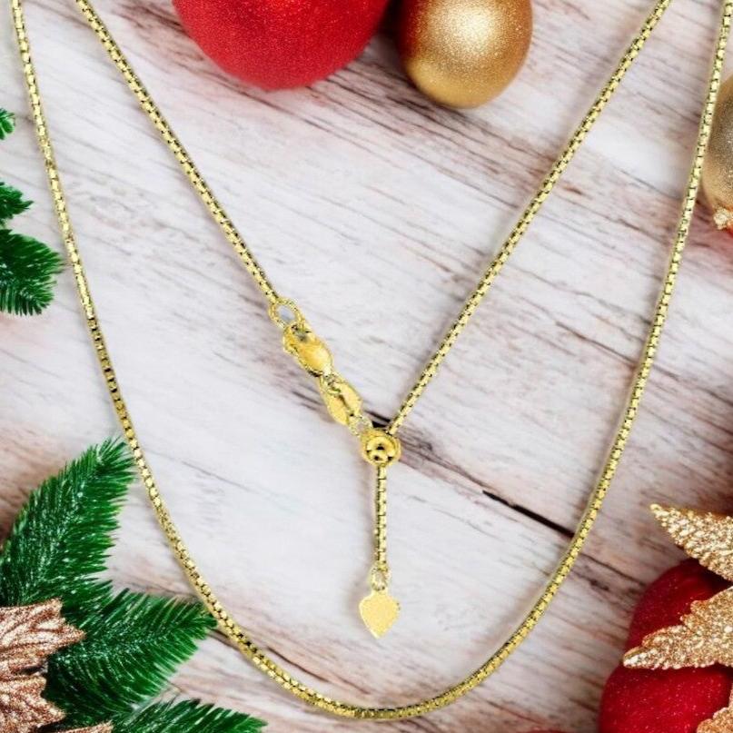 18K Yellow Gold Adjustable Box Chain, adjustable up to 24 inches