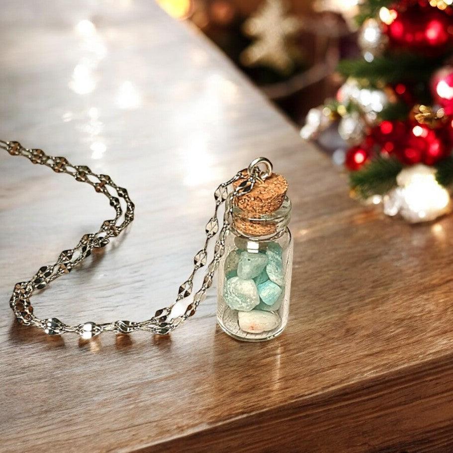 Amazonite Gemstone Bottle Necklace, 20 or 24 inch, Silver/Gold