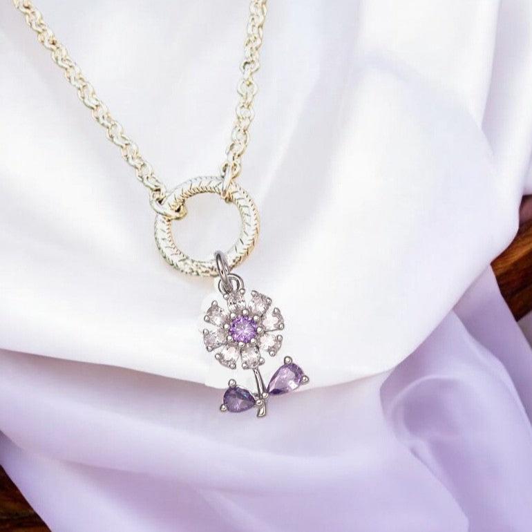 CZ Purple Flower charm necklace - 18-24 inch