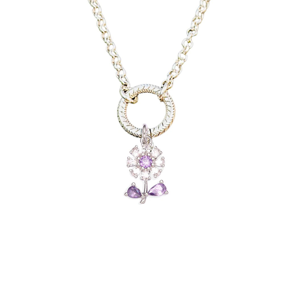 CZ Purple Flower charm necklace - 18-24 inch