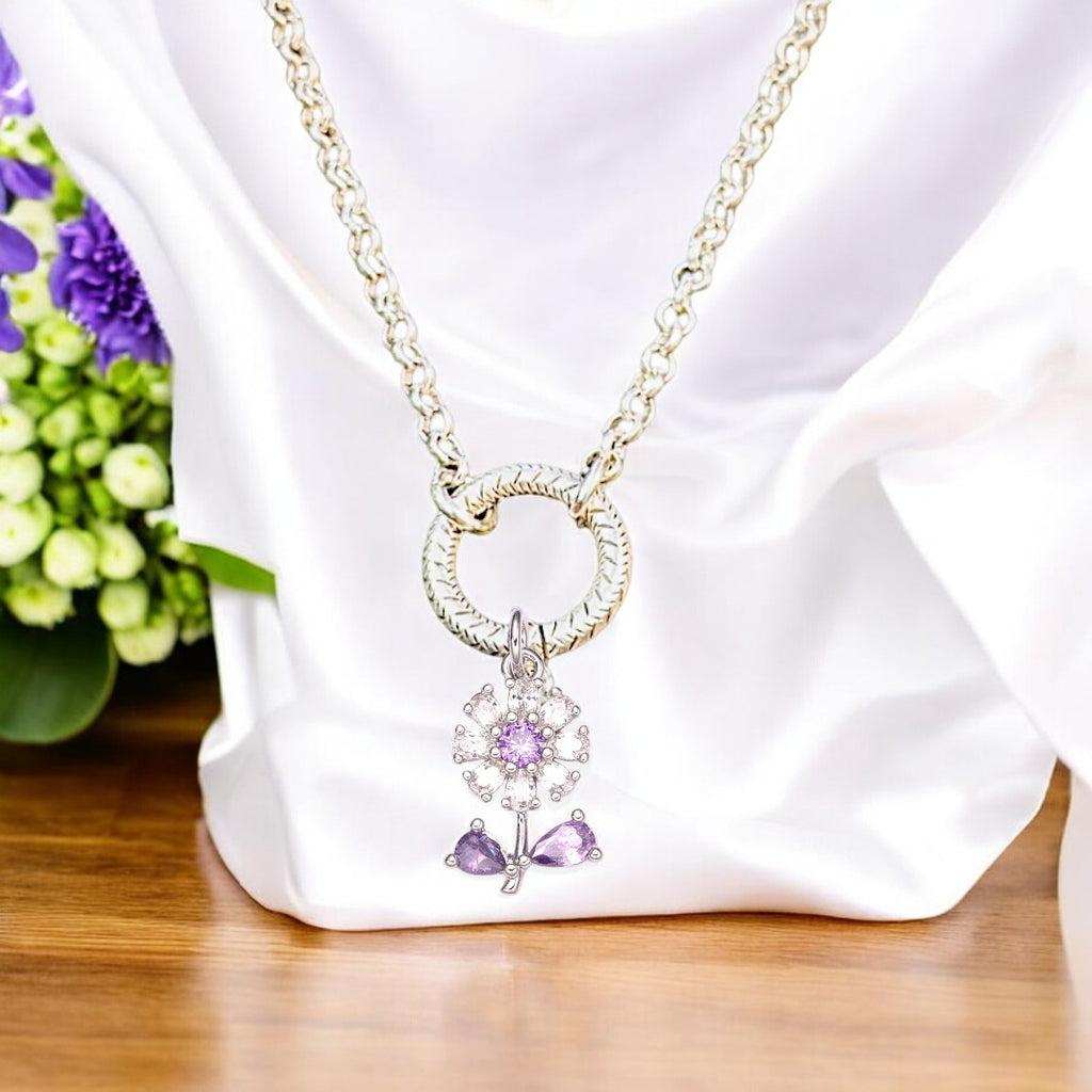 CZ Purple Flower charm necklace - 18-24 inch