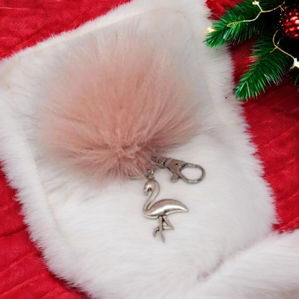 Flamingo Keychain/ Faux Fur Pom Pom and charm Key Chain-Purse Charm/Journal Charm