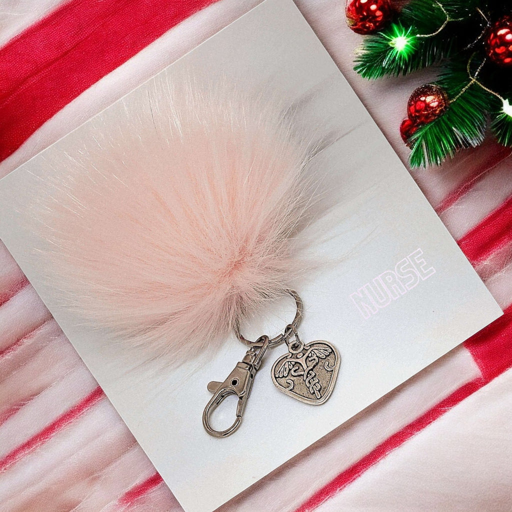 Nurse-Medical Worker Keychain/Faux Fur Pom Pom Charm Key Chain-Purse Charm/Journal Charm