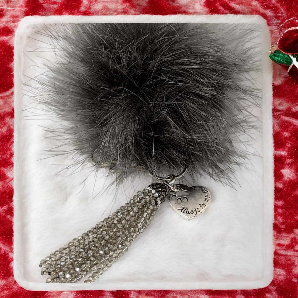 Always in My Heart Keychain/ Faux Fur Pom Pom and charm Key Chain-Purse Charm/Journal Charm