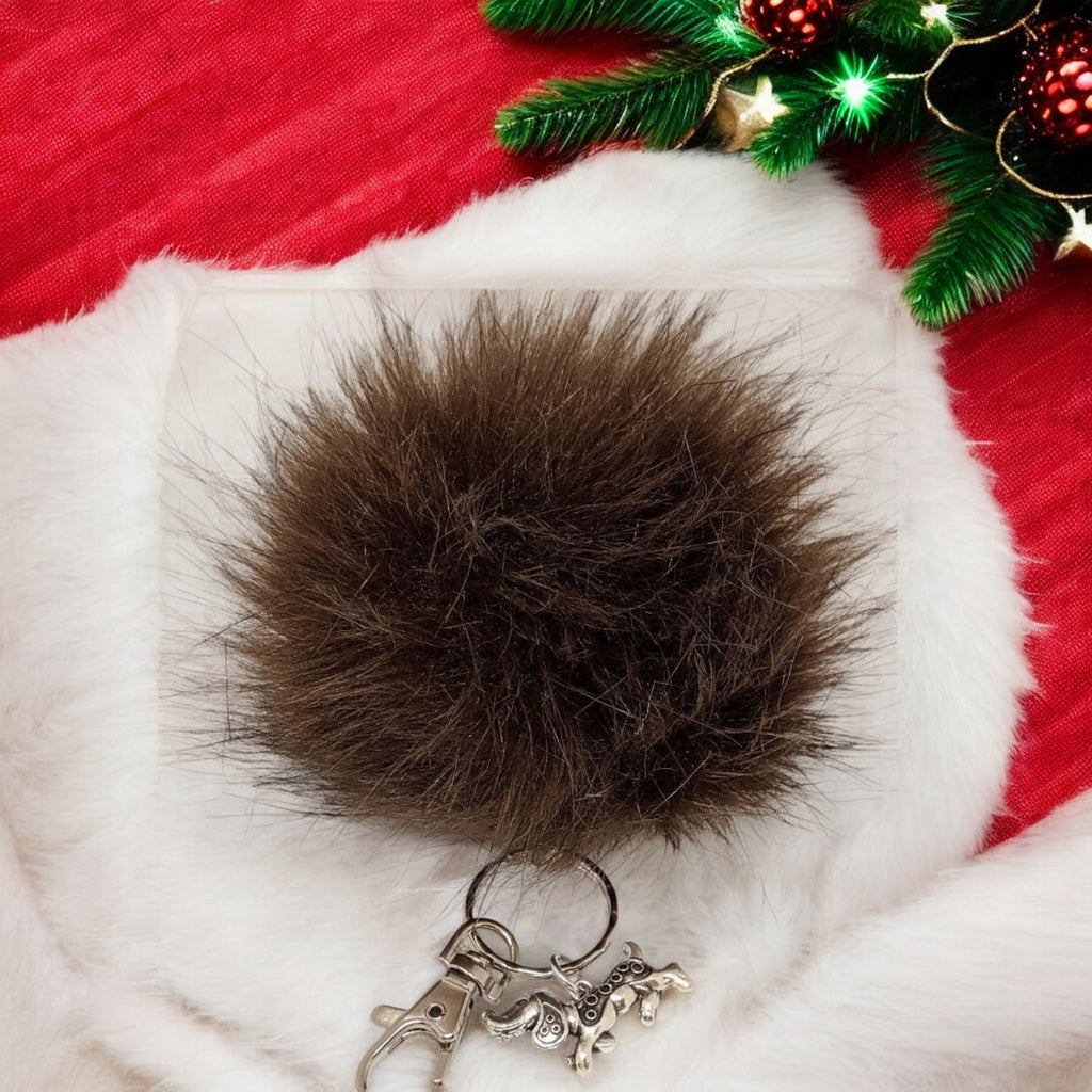 Dachshund Keychain/Faux Fur Pom Pom Charm Key Chain-Purse Charm/Journal Charm