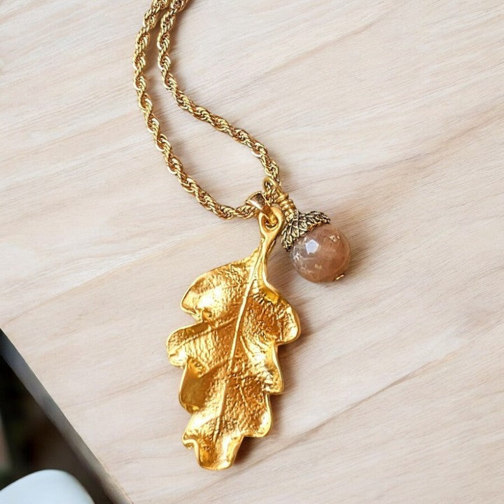 Moonstone Acorn Oak Leaf Necklace, Gold